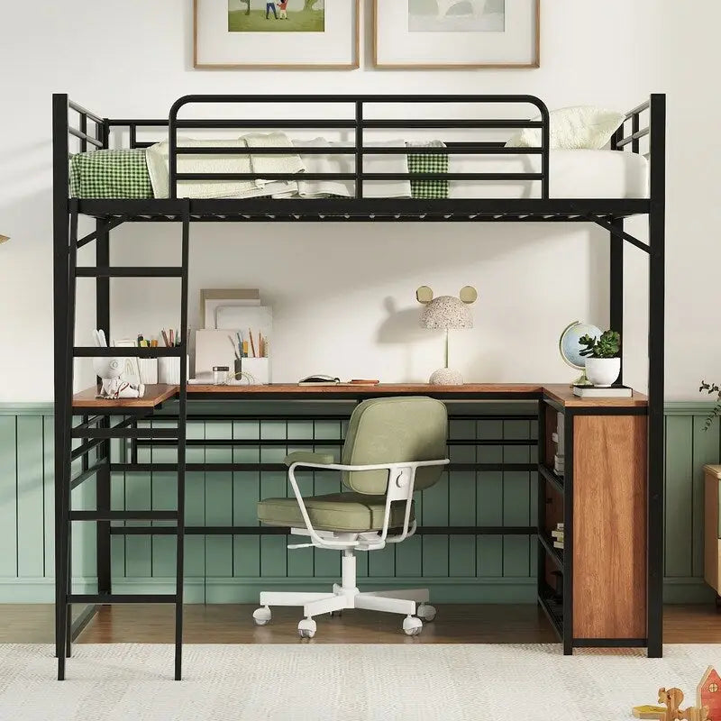Metal Full Size Loft Bed with 3 Layers of Shelves and L-shaped Desk