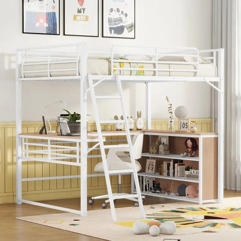 Metal Full Size Loft Bed with 3 Layers of Shelves and L-shaped Desk