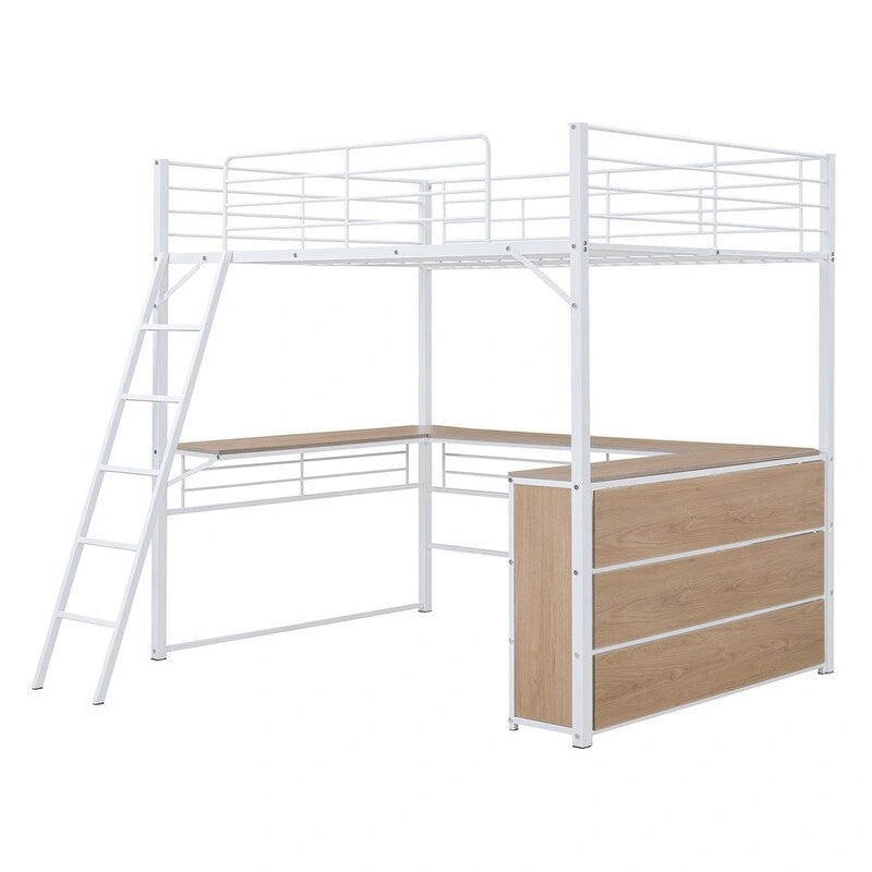 Metal Full Size Loft Bed with 3 Layers of Shelves and L-shaped Desk