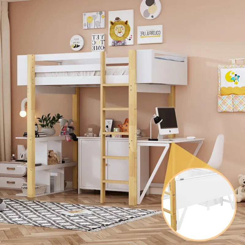 Nestfair Twin Size Wood Loft Bed with Built-in Storage Cabinet and Cubes