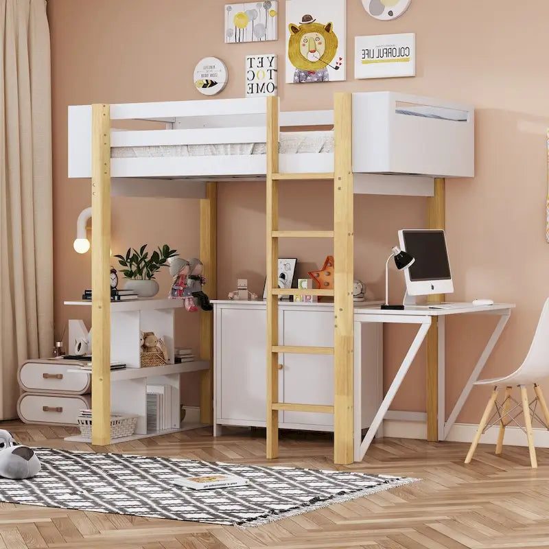 Nestfair Twin Size Wood Loft Bed with Built-in Storage Cabinet and Cubes