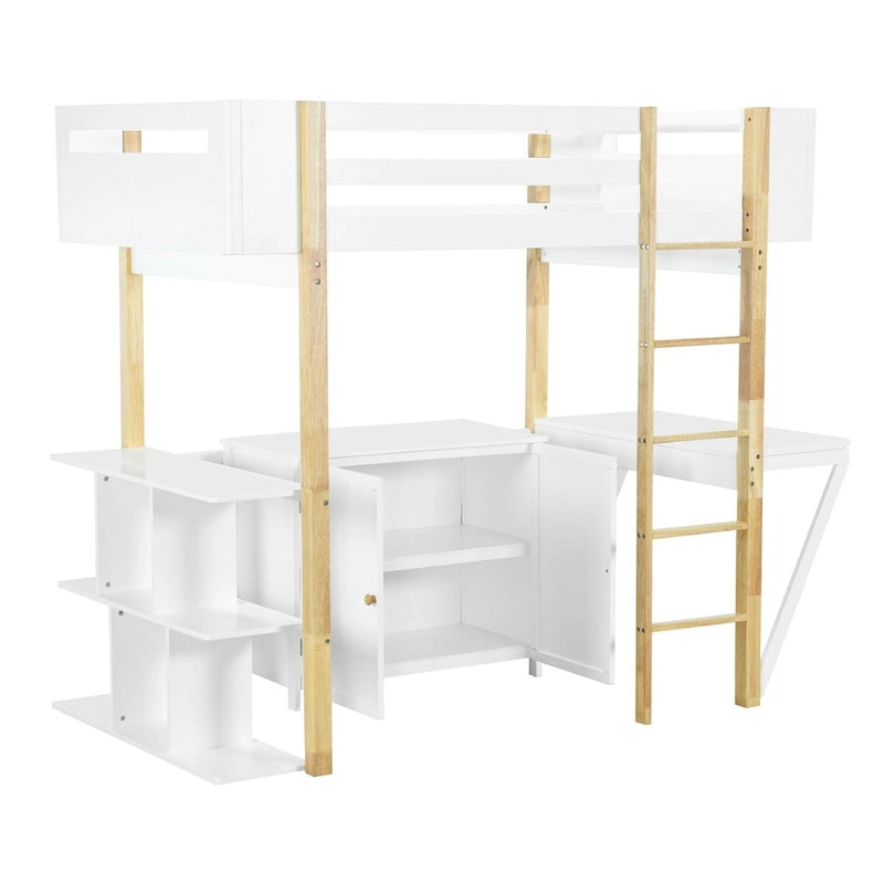 Nestfair Twin Size Wood Loft Bed with Built-in Storage Cabinet and Cubes