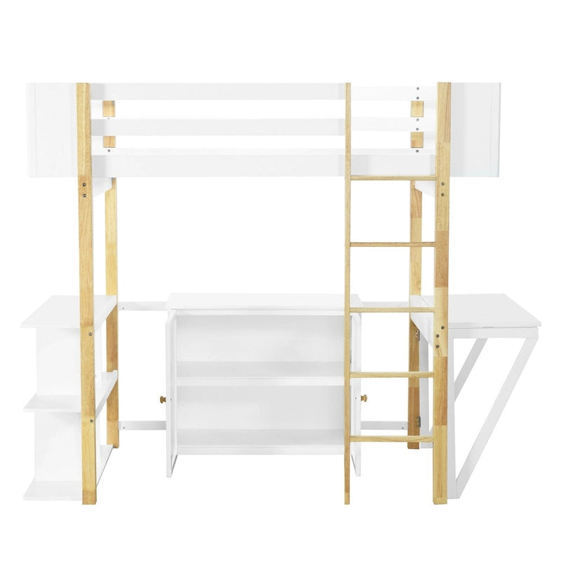 Nestfair Twin Size Wood Loft Bed with Built-in Storage Cabinet and Cubes
