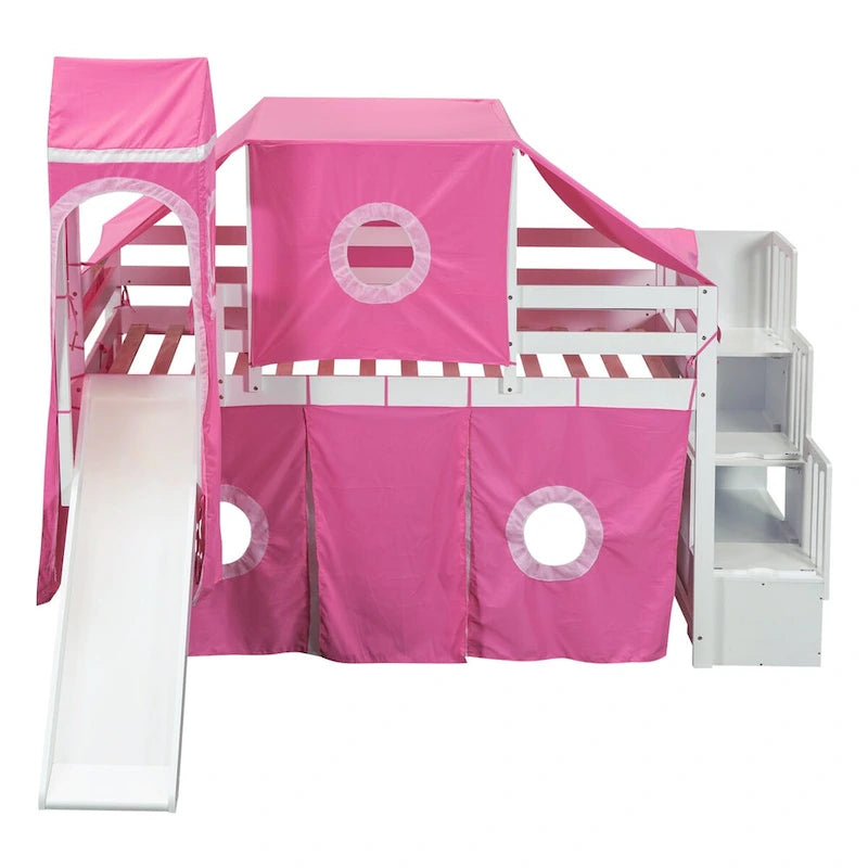 Pink Pine Wood Loft Bed with Storage Staircase and Slide, Tent and Tower, Full-Length Guardrail