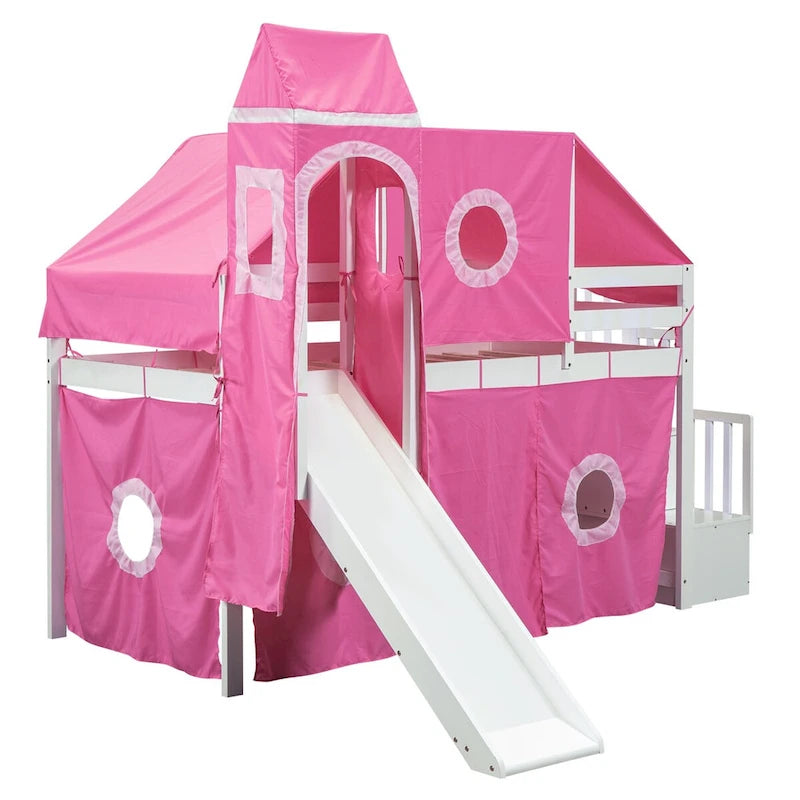 Pink Pine Wood Loft Bed with Storage Staircase and Slide, Tent and Tower, Full-Length Guardrail