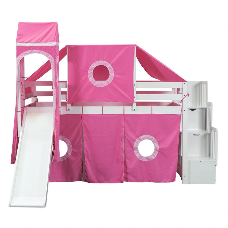 Pink Pine Wood Loft Bed with Storage Staircase and Slide, Tent and Tower, Full-Length Guardrail