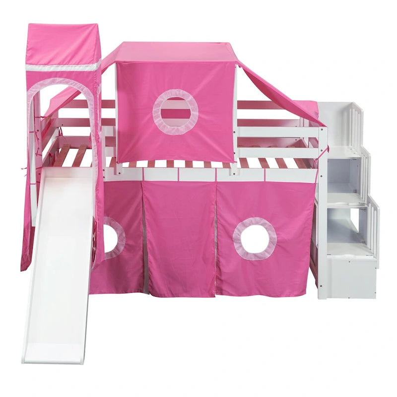 Pink Pine Wood Loft Bed with Storage Staircase and Slide, Tent and Tower, Full-Length Guardrail