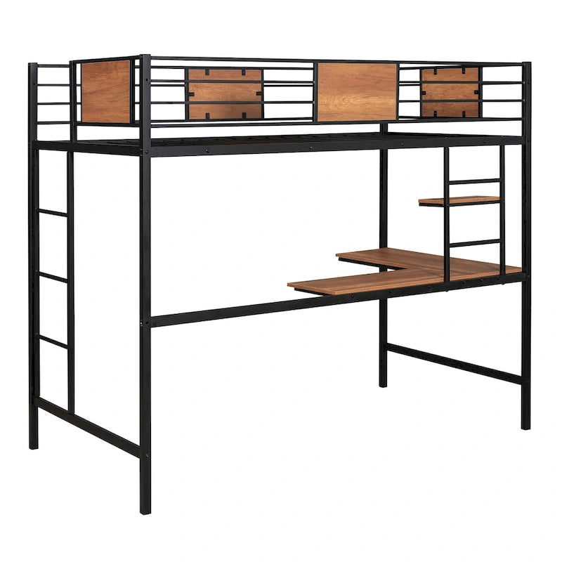 Metal Loft Bed with Desk & Shelves