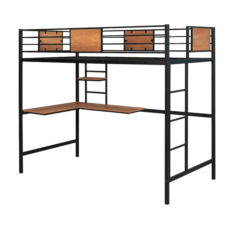 Metal Loft Bed with Desk & Shelves