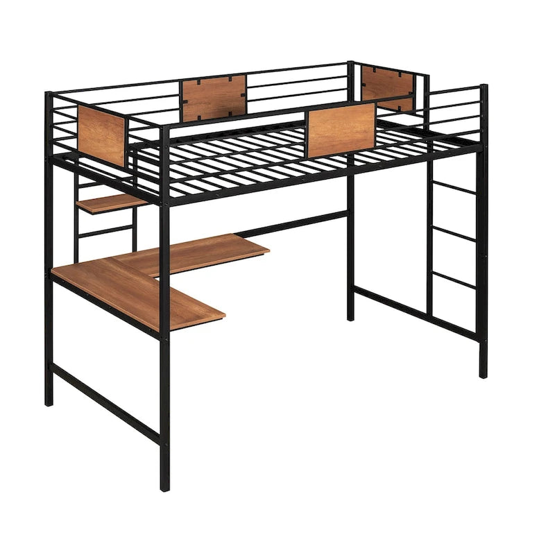 Metal Loft Bed with Desk & Shelves
