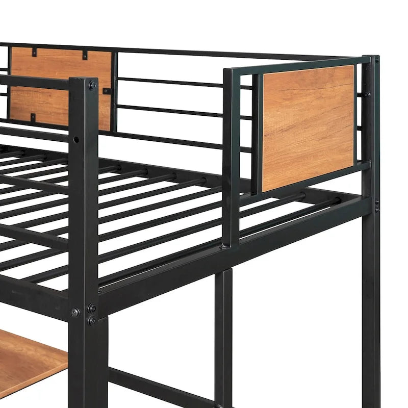 Metal Loft Bed with Desk & Shelves