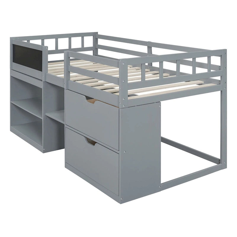 Gray Twin Size Low Loft Bed with Rolling Desk and Storage Drawers