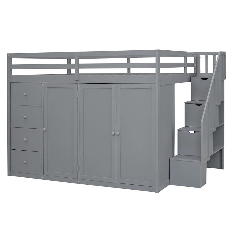 Full Size Wood Loft Bed With Built-in Wardrobes