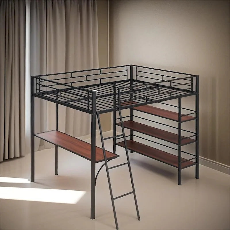 Full Size Loft Metal Bed with 3 Layers of Shelves and Desk