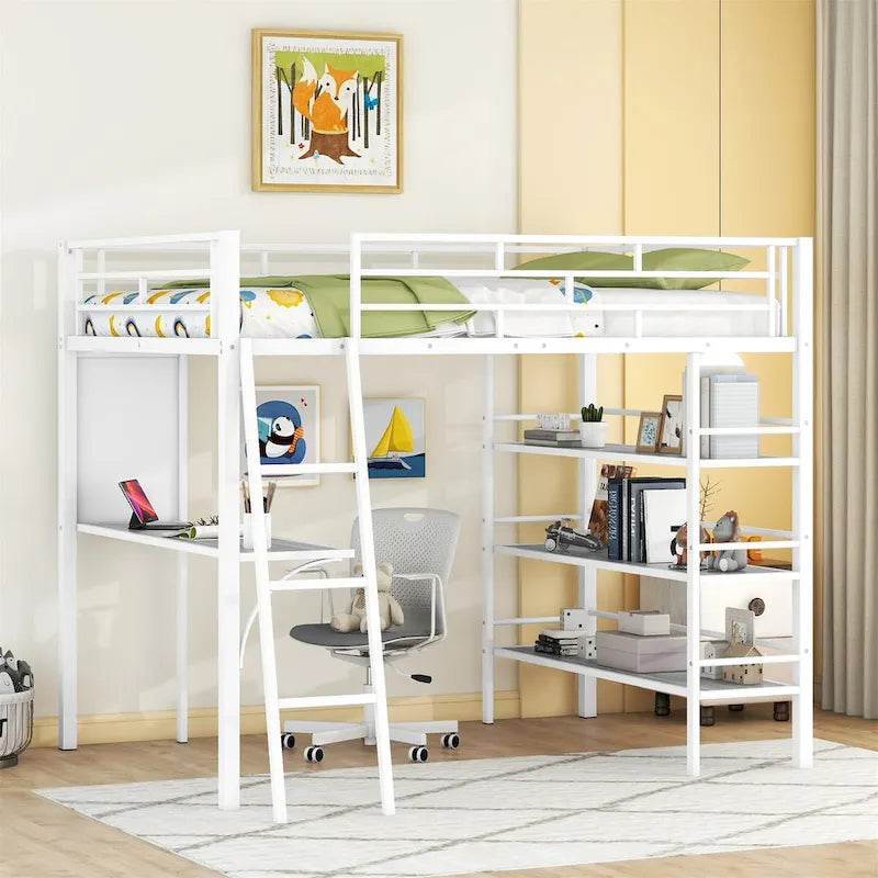 Full Size Loft Metal Bed with 3 Layers of Shelves and Desk