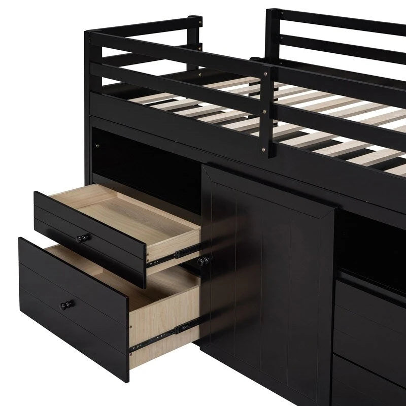 Twin Size Loft Bed with 4 Drawers, Underneath Cabinet and Shelves