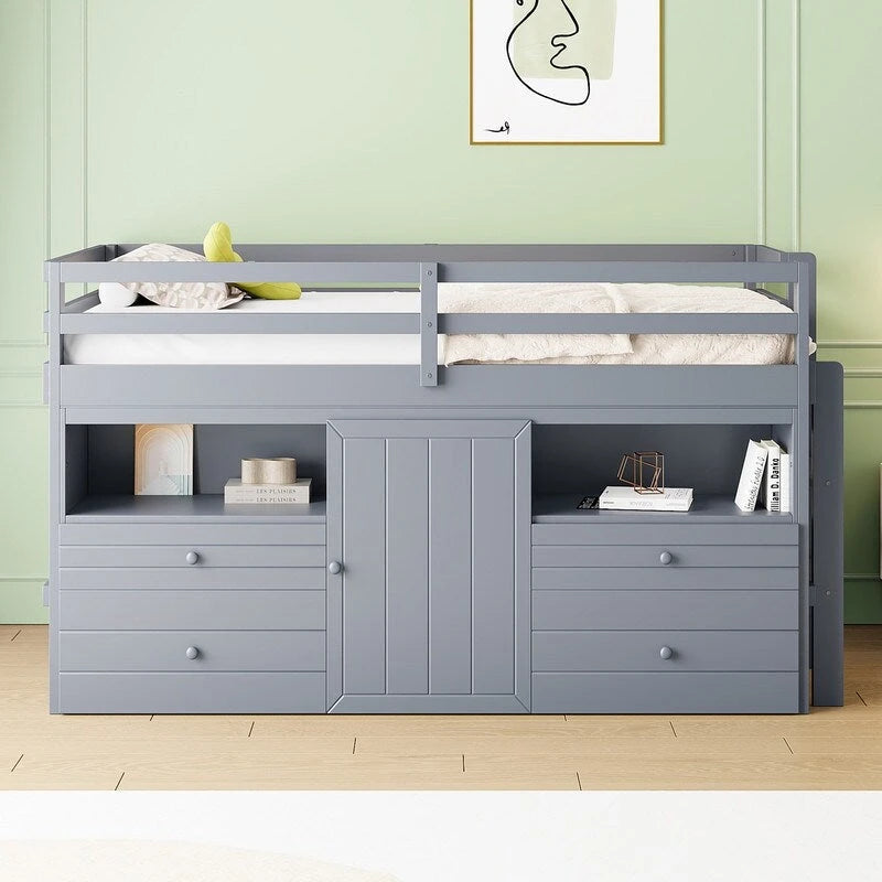 Twin Size Loft Bed with 4 Drawers, Underneath Cabinet and Shelves