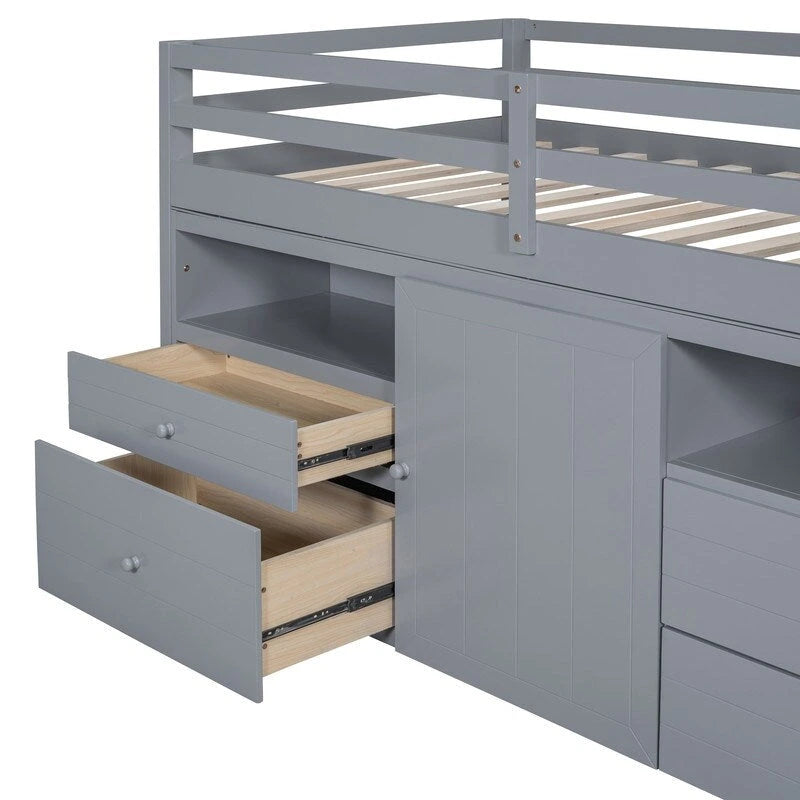 Twin Size Loft Bed with 4 Drawers, Underneath Cabinet and Shelves