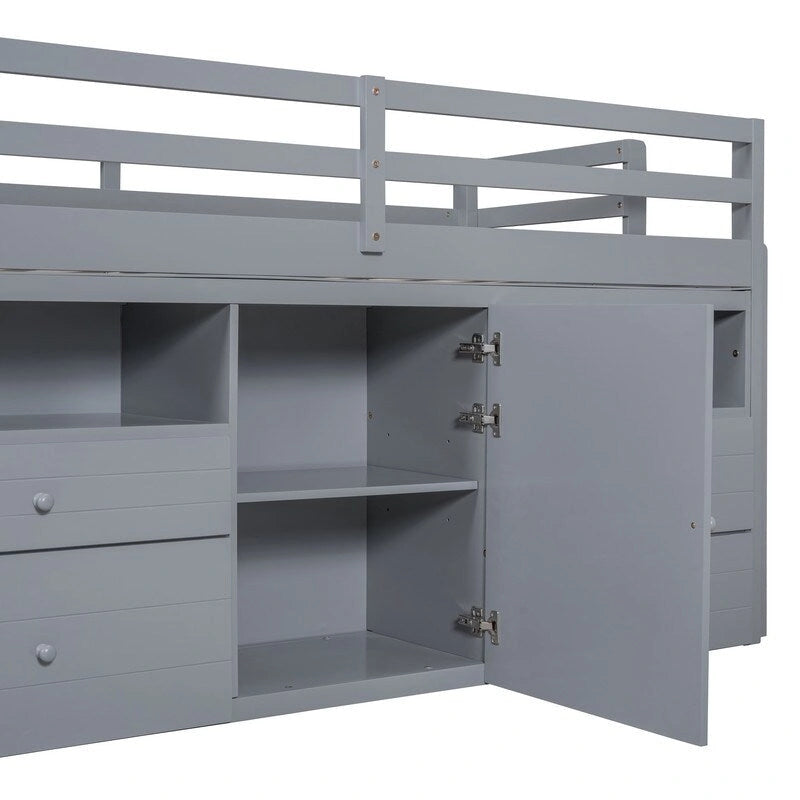 Twin Size Loft Bed with 4 Drawers, Underneath Cabinet and Shelves