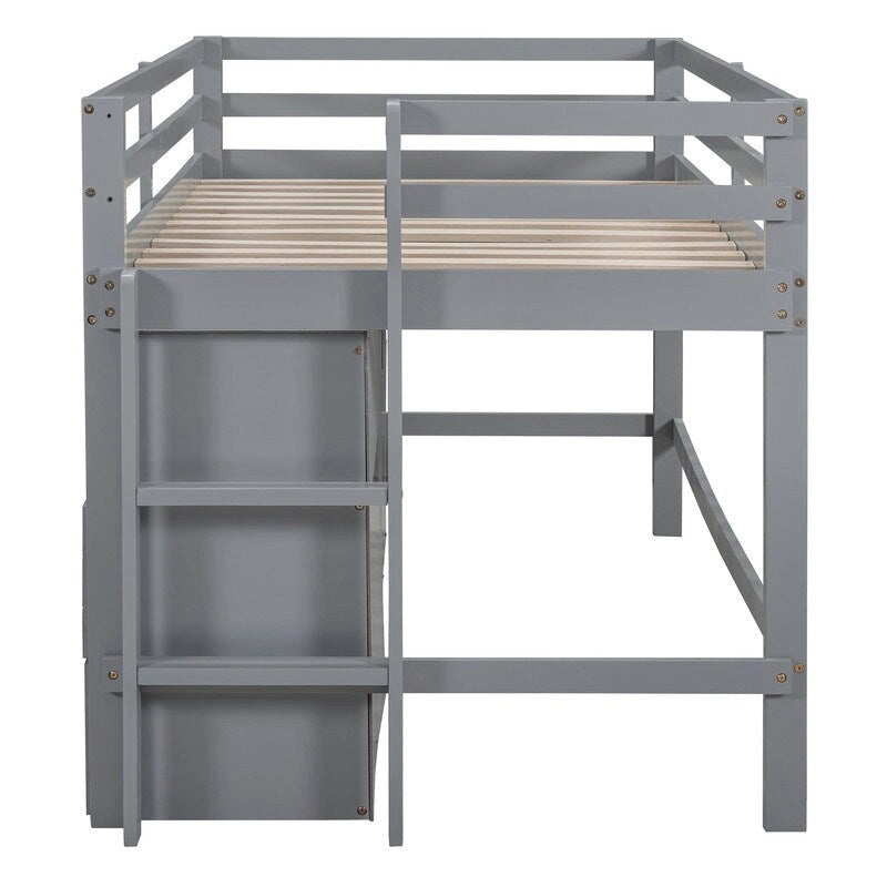 Twin Size Loft Bed with 4 Drawers, Underneath Cabinet and Shelves