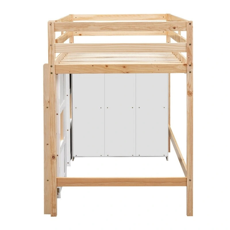 Wood Twin Size Loft Bed with Built-in Storage Wardrobe and 2 Windows