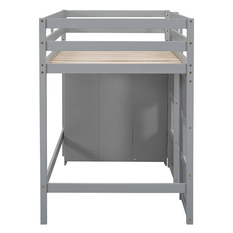 Wood Twin Size Loft Bed with Built-in Storage Wardrobe and 2 Windows