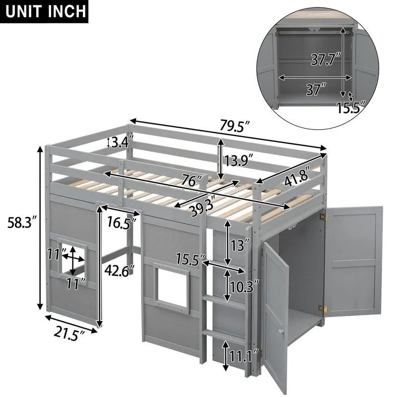Wood Twin Size Loft Bed with Built-in Storage Wardrobe and 2 Windows