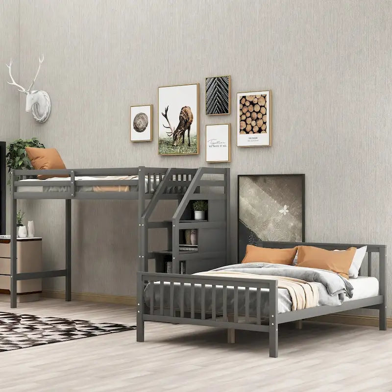 Twin Over Full Loft Bed Frame with Storage, Loft Bed with Full-Length Guardrail and Ladder