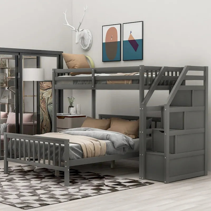 Twin Over Full Loft Bed Frame with Storage, Loft Bed with Full-Length Guardrail and Ladder