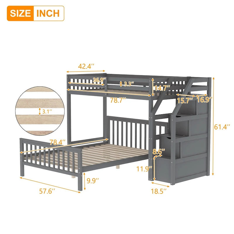 Twin Over Full Loft Bed Frame with Storage, Loft Bed with Full-Length Guardrail and Ladder