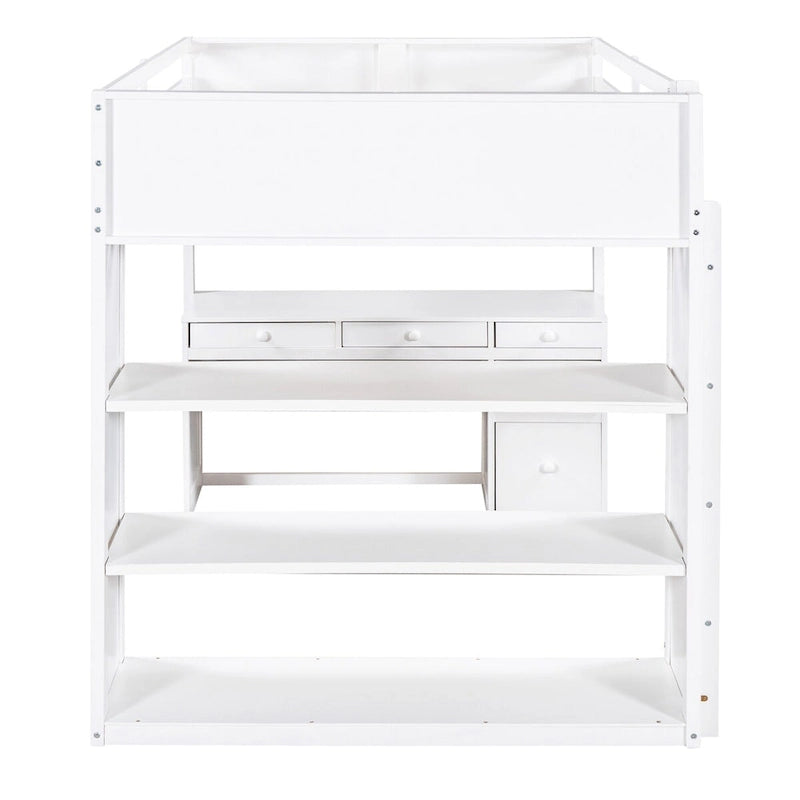 Full Size Loft Bed with Built-in Studying Desk, Solid Wood Bed Frame with 3-Tier Shelves and Storage Drawers, Versatile Bed