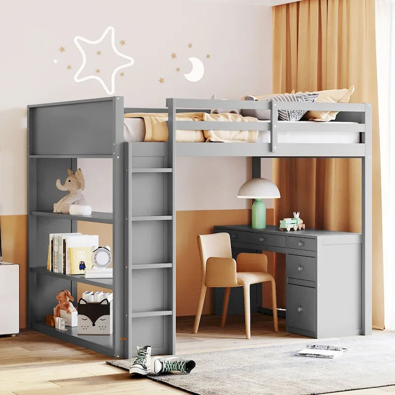 Full Size Loft Bed with Built-in Studying Desk, Solid Wood Bed Frame with 3-Tier Shelves and Storage Drawers, Versatile Bed