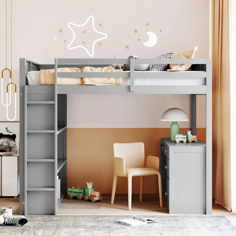 Full Size Loft Bed with Built-in Studying Desk, Solid Wood Bed Frame with 3-Tier Shelves and Storage Drawers, Versatile Bed