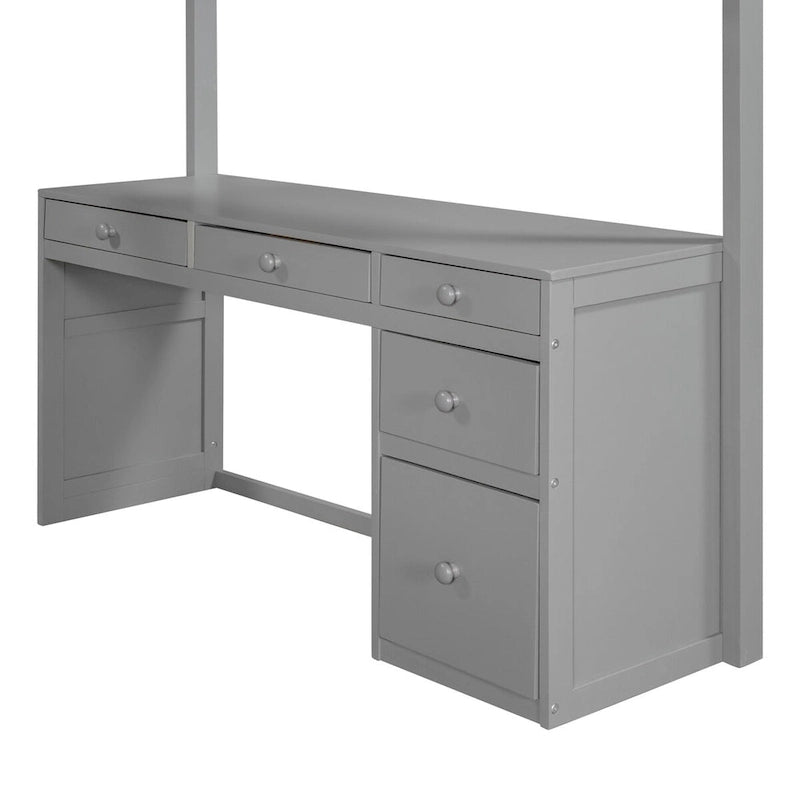 Full Size Loft Bed with Built-in Studying Desk, Solid Wood Bed Frame with 3-Tier Shelves and Storage Drawers, Versatile Bed