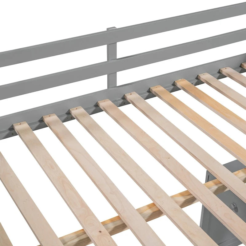 Full Size Loft Bed with Built-in Studying Desk, Solid Wood Bed Frame with 3-Tier Shelves and Storage Drawers, Versatile Bed