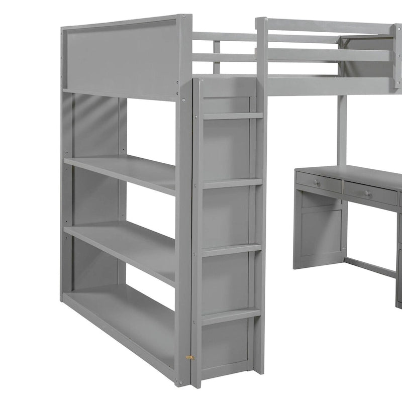 Full Size Loft Bed with Built-in Studying Desk, Solid Wood Bed Frame with 3-Tier Shelves and Storage Drawers, Versatile Bed