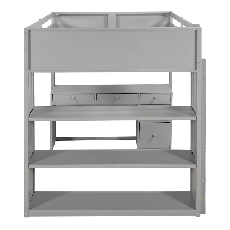 Full Size Loft Bed with Built-in Studying Desk, Solid Wood Bed Frame with 3-Tier Shelves and Storage Drawers, Versatile Bed