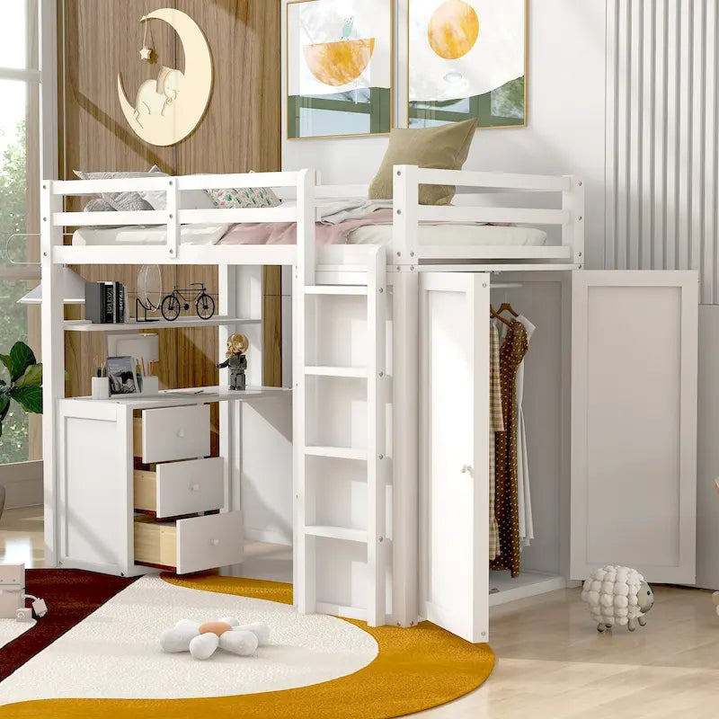 Loft Bed with Drawers,Desk,and Wardrobe