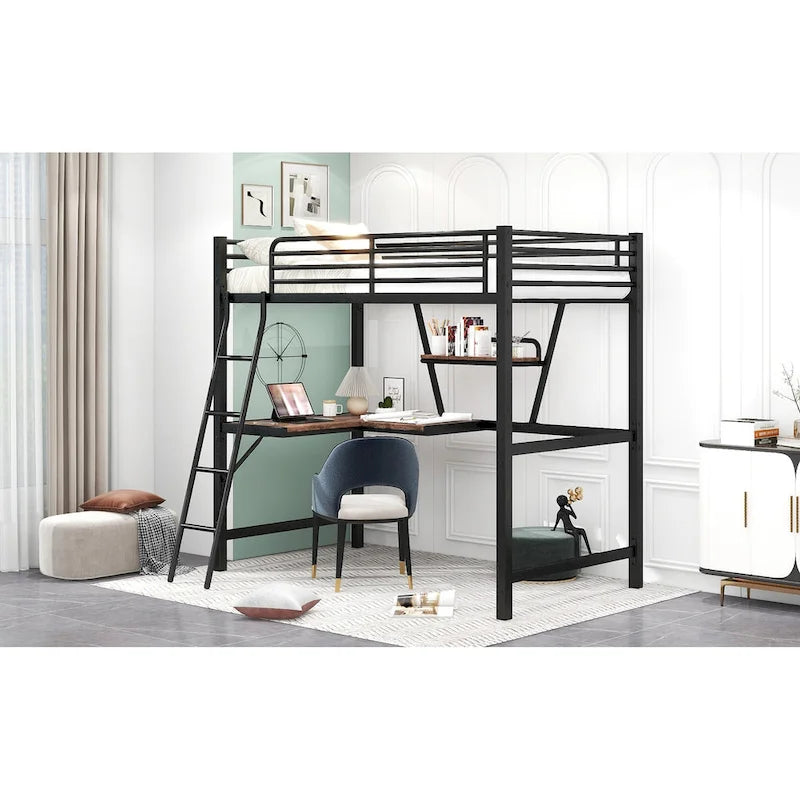 Loft Metal & MDF Bed with Desk and Shelf