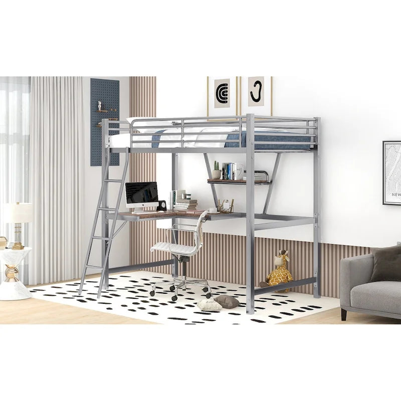 Loft Metal & MDF Bed with Desk and Shelf