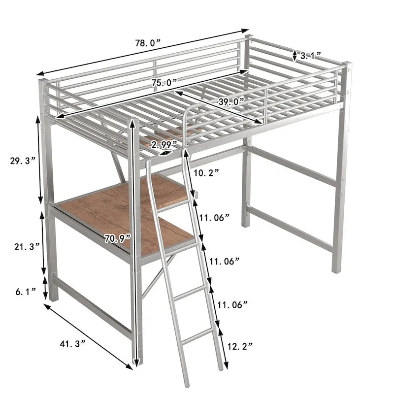 Loft Metal & MDF Bed with Desk and Shelf