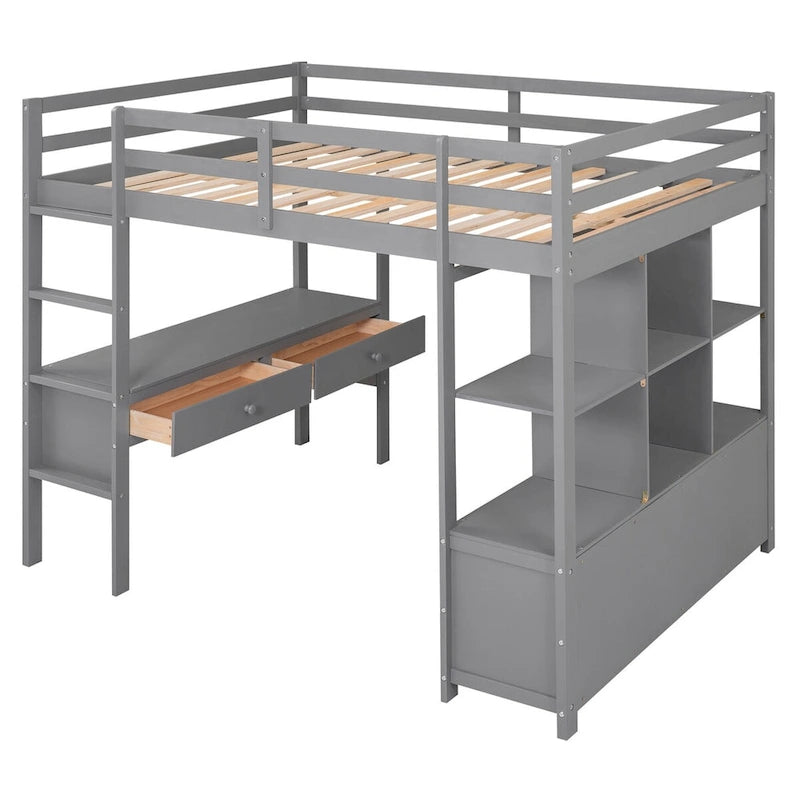 Full Size Loft Bed with Built-In Desk with Multi Drawers and Storage Shelves