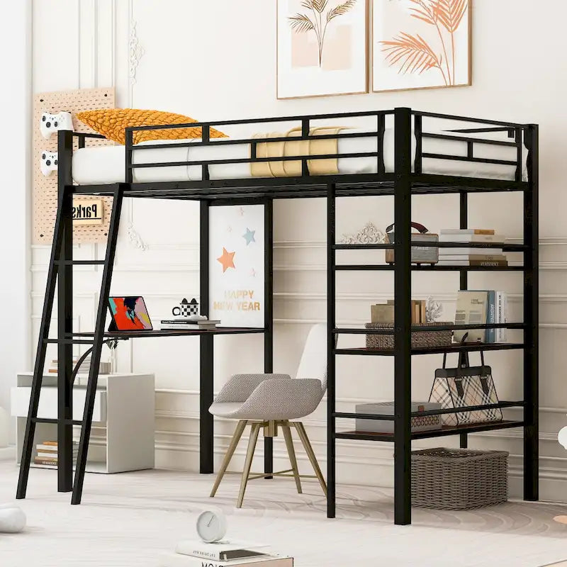 Twin Metal Loft Bed with Built-in Desk