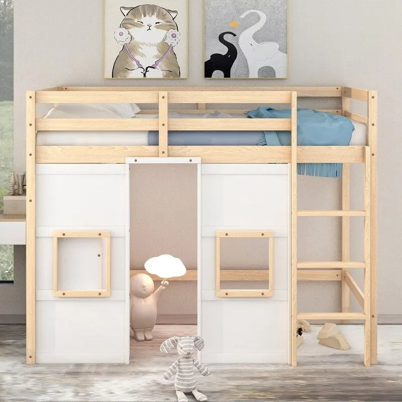 Twin Size Wood Loft Bed with Built-in Storage Wardrobe and 2 Windows