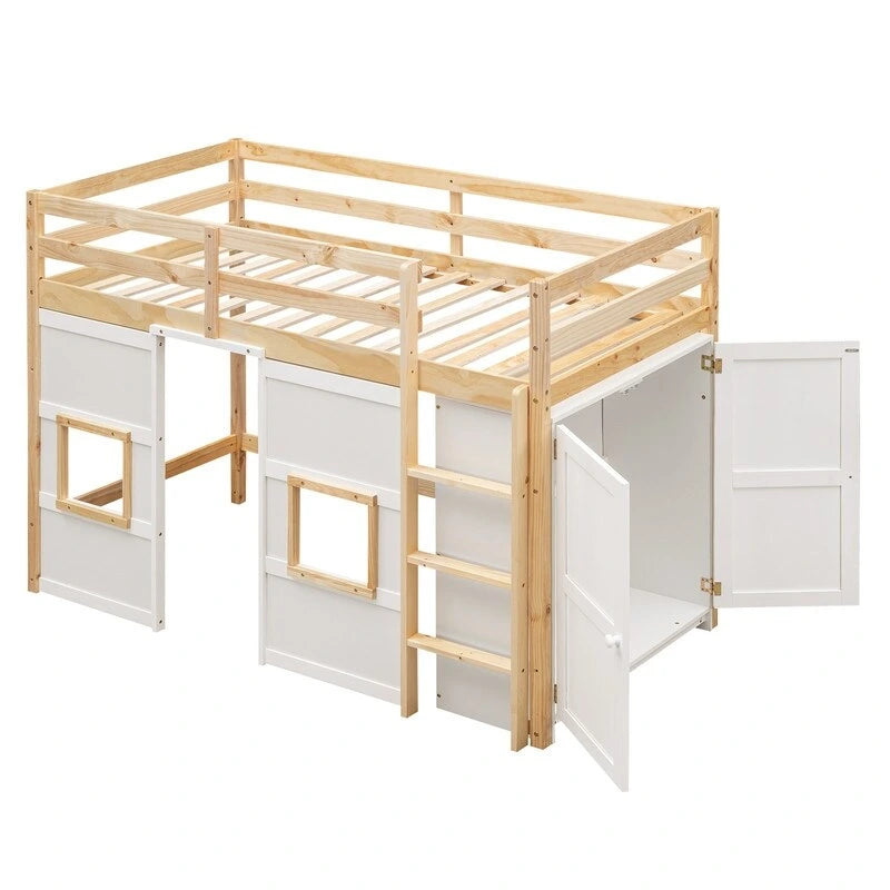 Twin Size Wood Loft Bed with Built-in Storage Wardrobe and 2 Windows