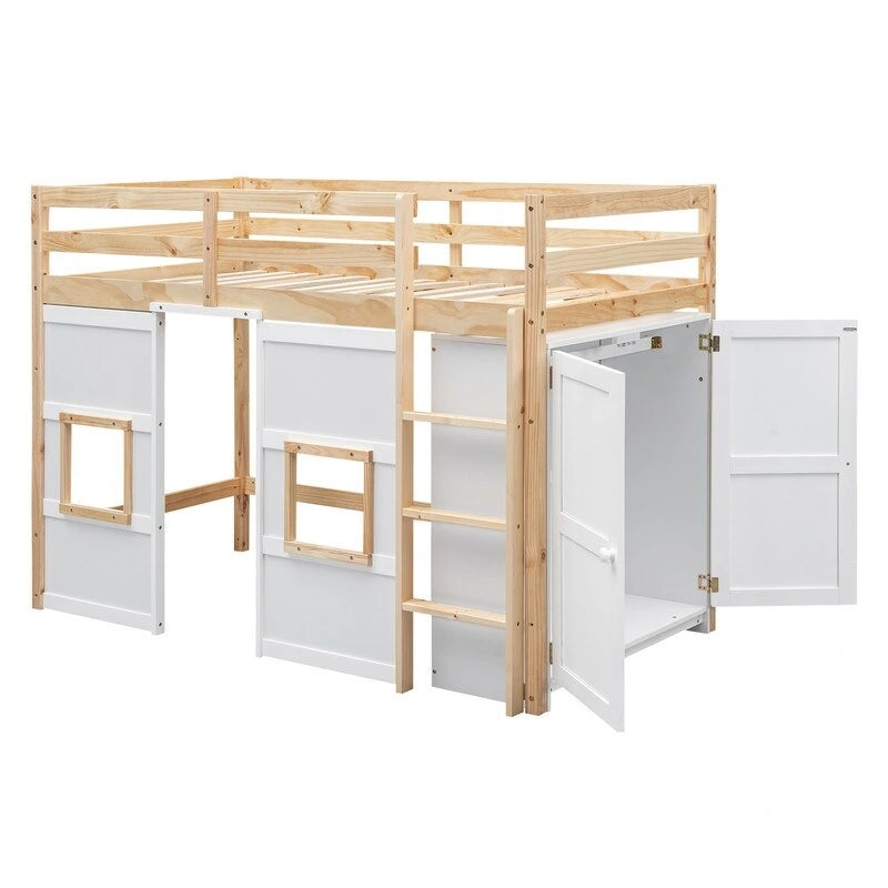 Twin Size Wood Loft Bed with Built-in Storage Wardrobe and 2 Windows