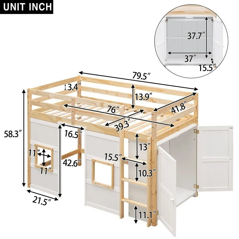 Twin Size Wood Loft Bed with Built-in Storage Wardrobe and 2 Windows