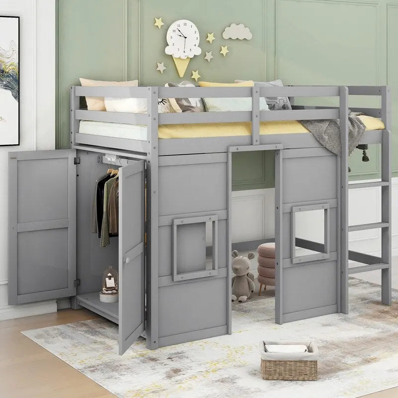 Twin Size Wood Loft Bed with Built-in Storage Wardrobe and 2 Windows