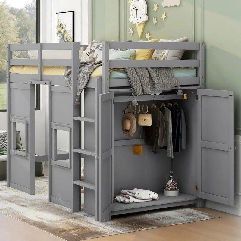 Twin Size Wood Loft Bed with Built-in Storage Wardrobe and 2 Windows