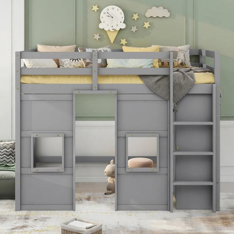 Twin Size Wood Loft Bed with Built-in Storage Wardrobe and 2 Windows